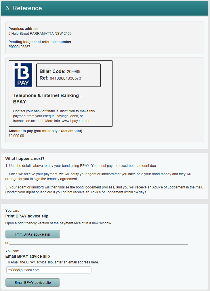 Screen shot of BPay reference details for tenant